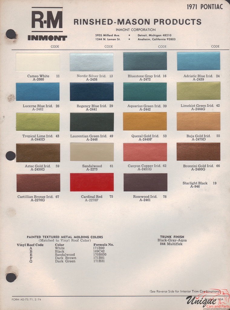 1971 Pontiac Paint Charts RM 1
